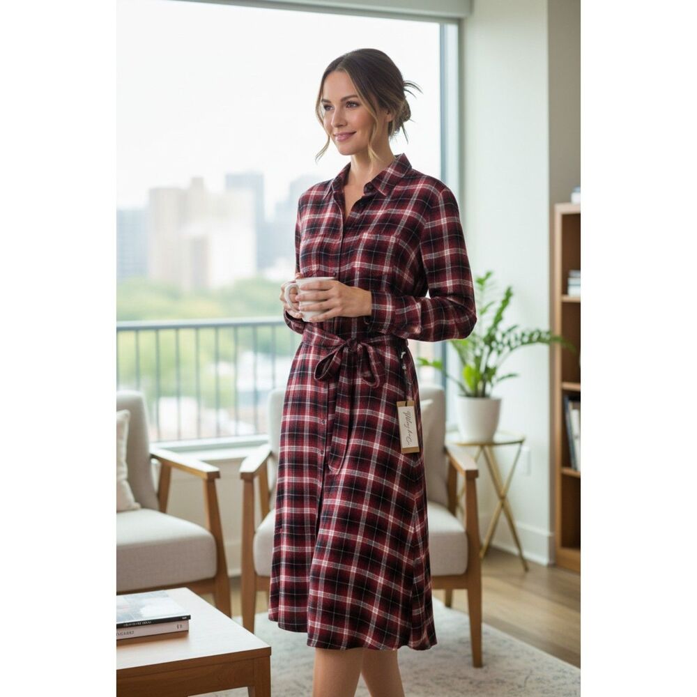 Universal Thread Plaid Shirt Dress Women L NWT Red Belted Button Front